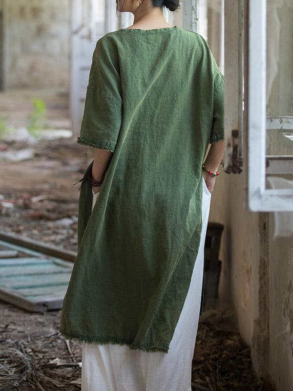 Half Sleeves High-low Fringed Solid Color Split-Joint Split-side Round-neck Midi Dresses Product Image