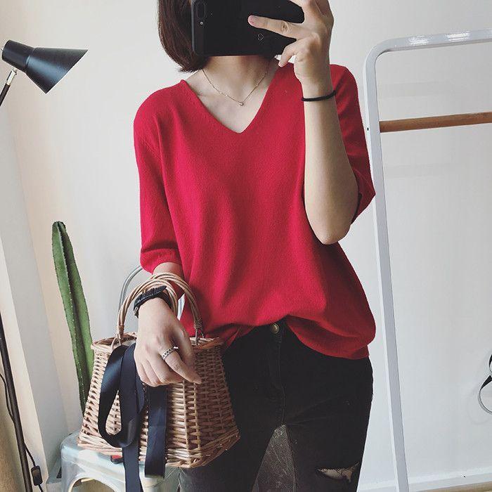 Elbow-Sleeve V-Neck Knit Top Product Image