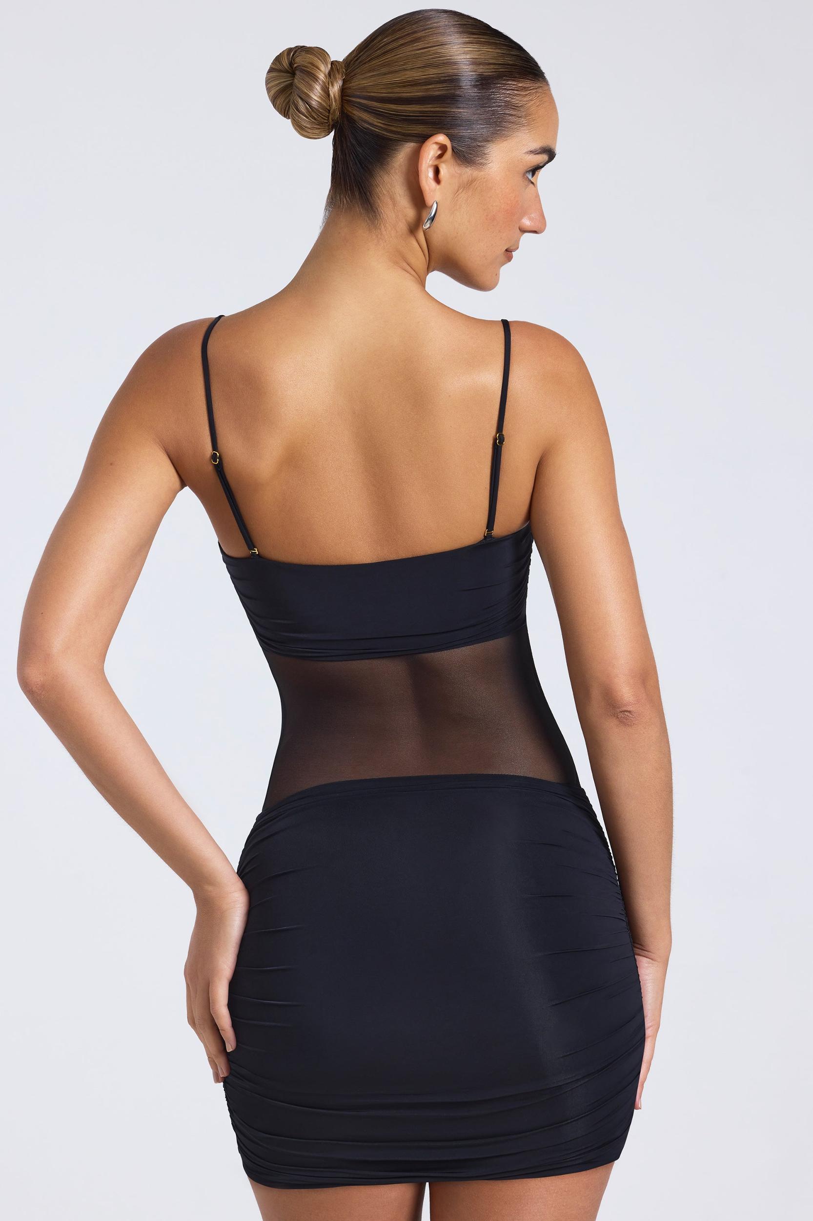 Sheer Panelled Ruched Mini Dress in Black Product Image