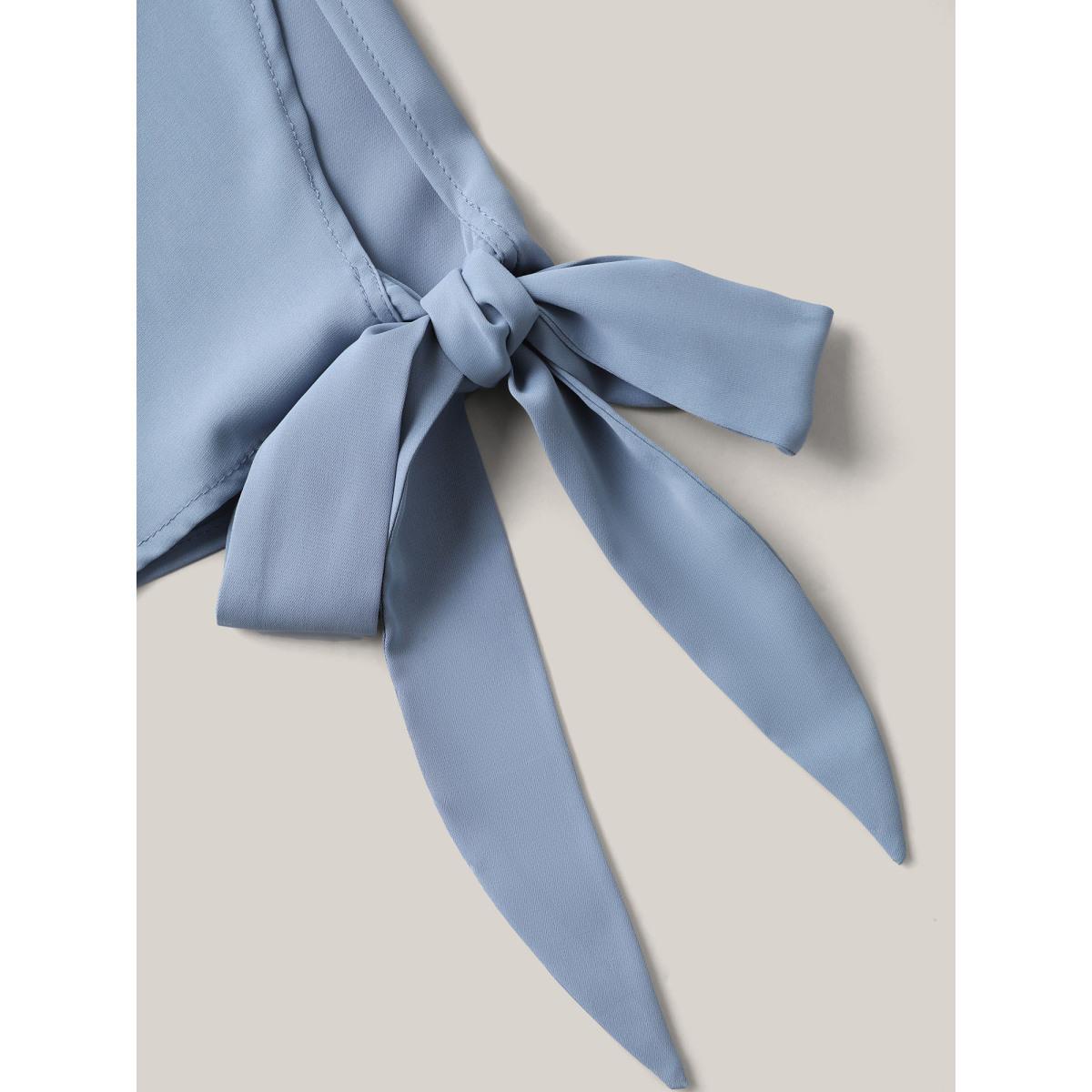 Plus Size Stone Knotted Sleeve Pearl Detail Keyhole Blouse Women Office Short sleeve Round Neck Office Blouses BloomChic 30/6X Product Image