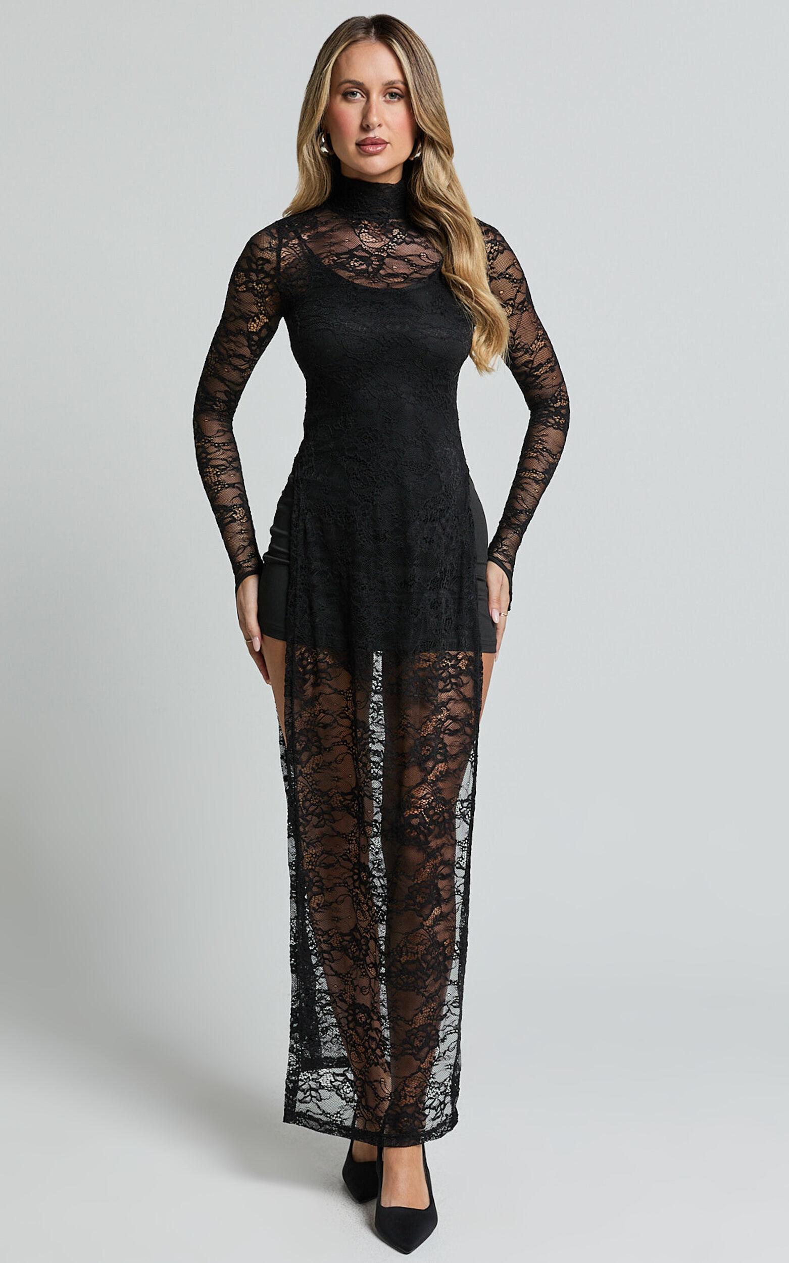 Yvette Midi Dress - High Neck Long Sleeve Slip Dress in Black Product Image