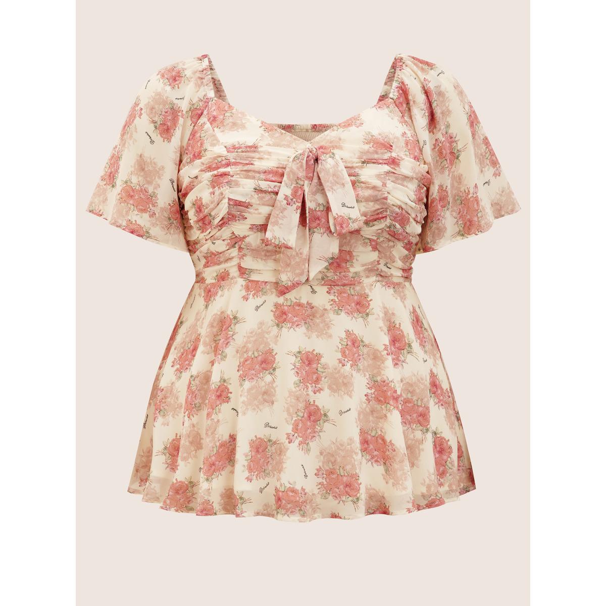 Plus Size Blush Heart Neckline Floral Tie Knot Ruched Blouse Women Elegant Short sleeve Heart neckline Everyday Blouses BloomChic 18-20/2X Product Image