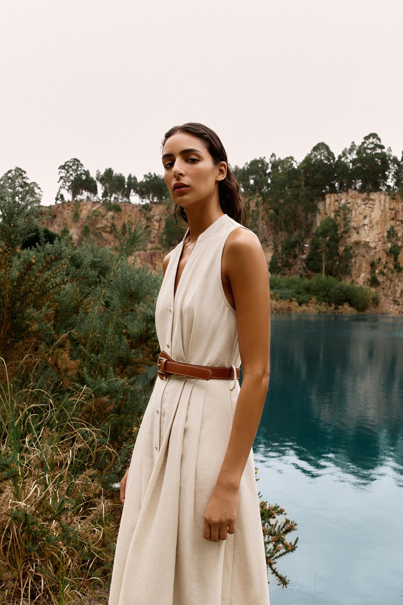 BELTED LINEN MIDI DRESS Product Image