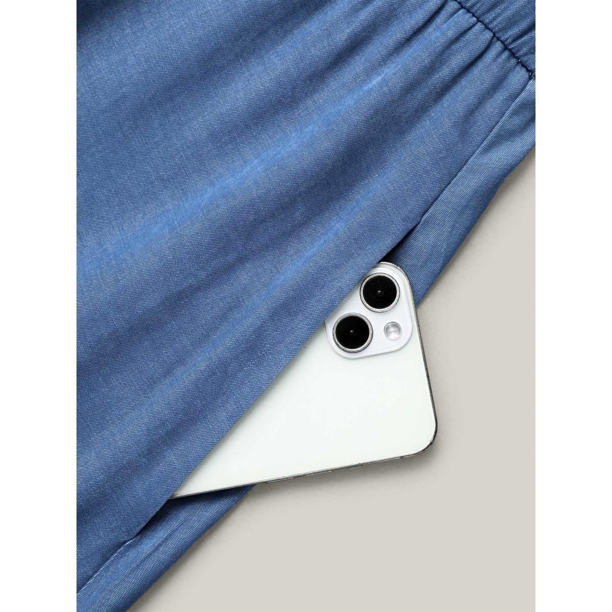 Plus Size Fake Denim Stretchy-Waist Placket Midi Dress LightBlue Women Casual Button Shirt collar Short sleeve Curvy BloomChic 10/M Product Image