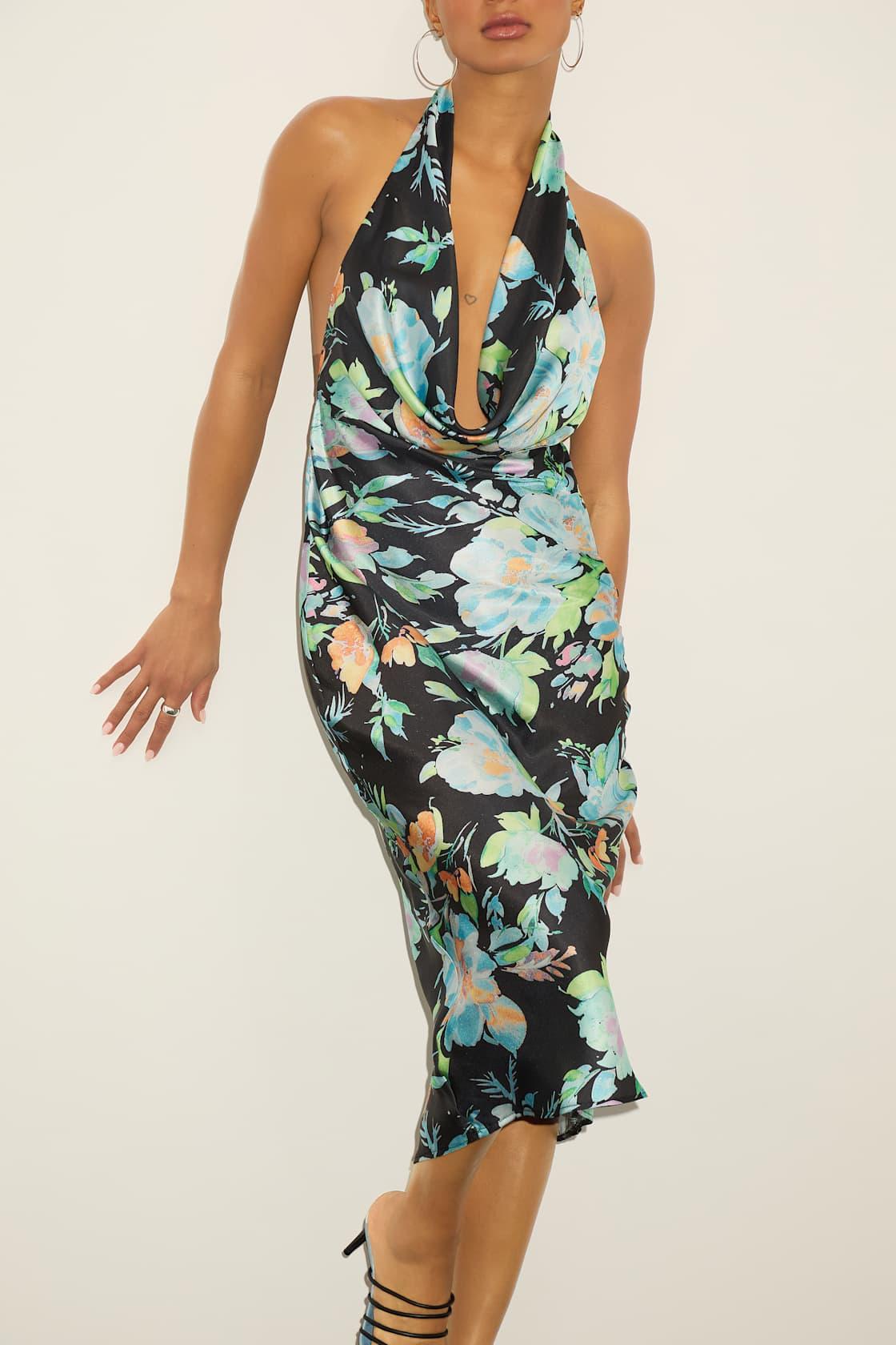 Nuliana Black Multi Floral Satin Backless Midi Dress Product Image