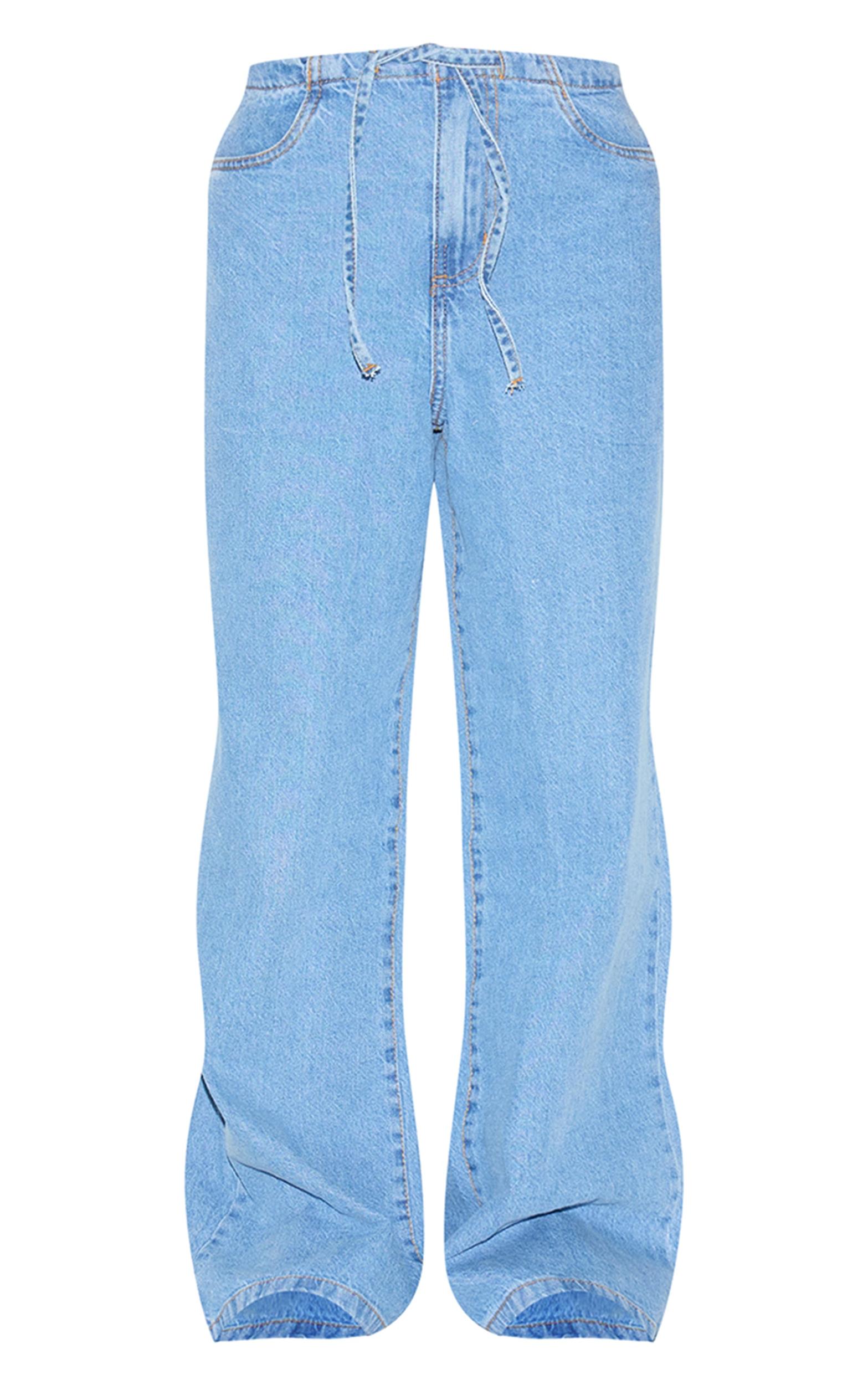 Petite Mid Blue Wash Low Rise Tie Waistband Wide Leg Jeans Product Image