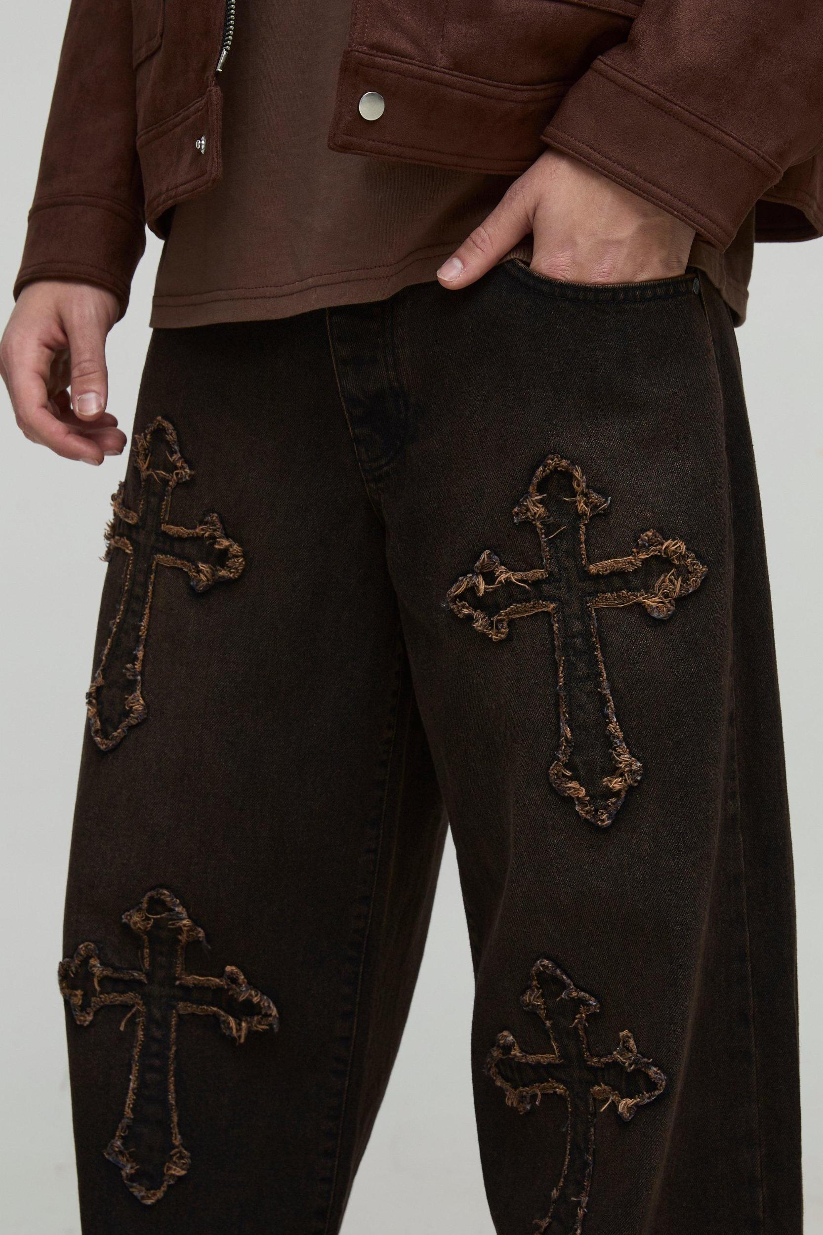 Baggy Rigid Cross Applique Denim Jeans | boohooMAN USA Product Image