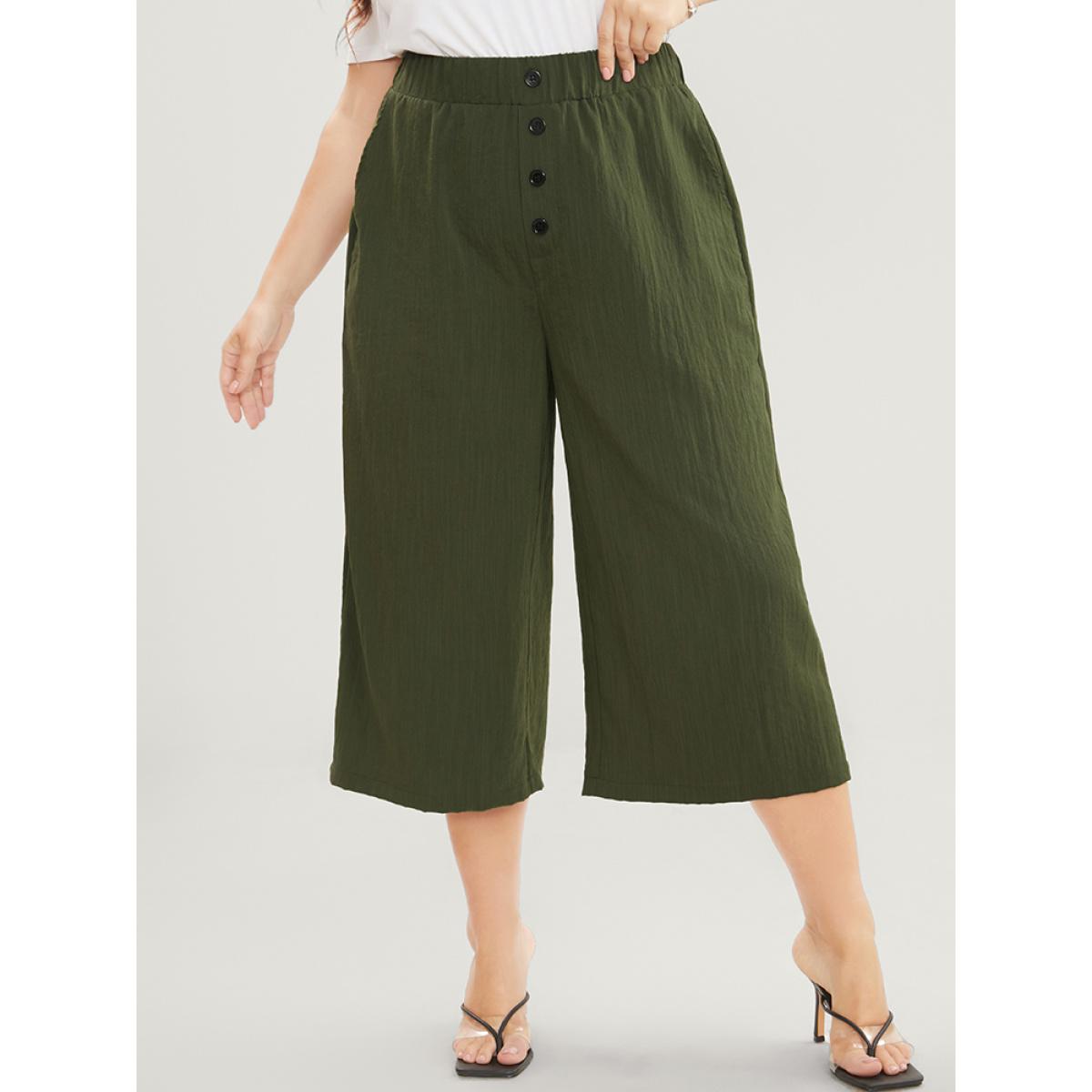 Plus Size Solid Elastic Waist Button Detail Pocket Loose Pants Women ArmyGreen Casual Loose High Rise Office Pants BloomChic 10/M Product Image