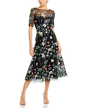 Teri Jon by Rickie Freeman Floral Embroidered Tulle Midi Dress Product Image