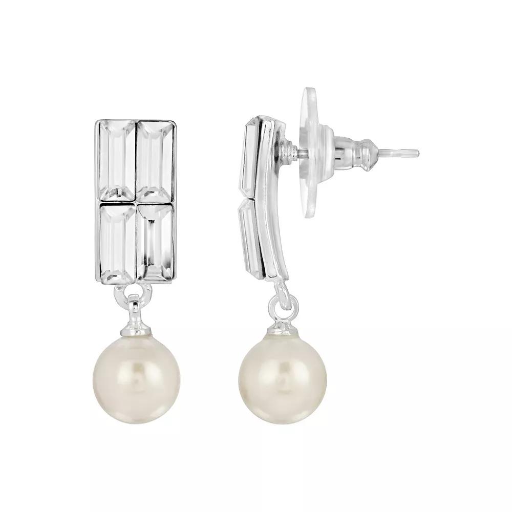 1928 Silver Tone Simulated Crystal and Faux Pearl Drop Earrings, Women's, White Product Image