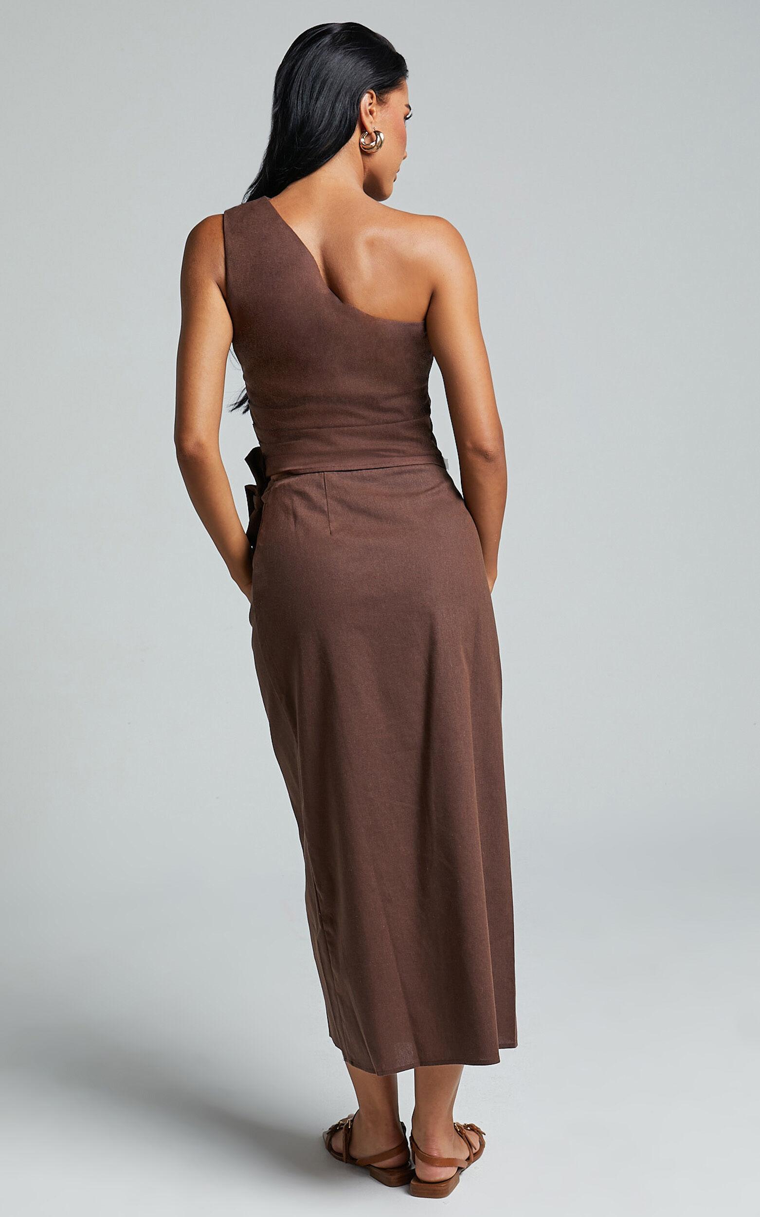 Genna Midi Skirt - Linen Look Wrap Skirt in Chocolate Product Image