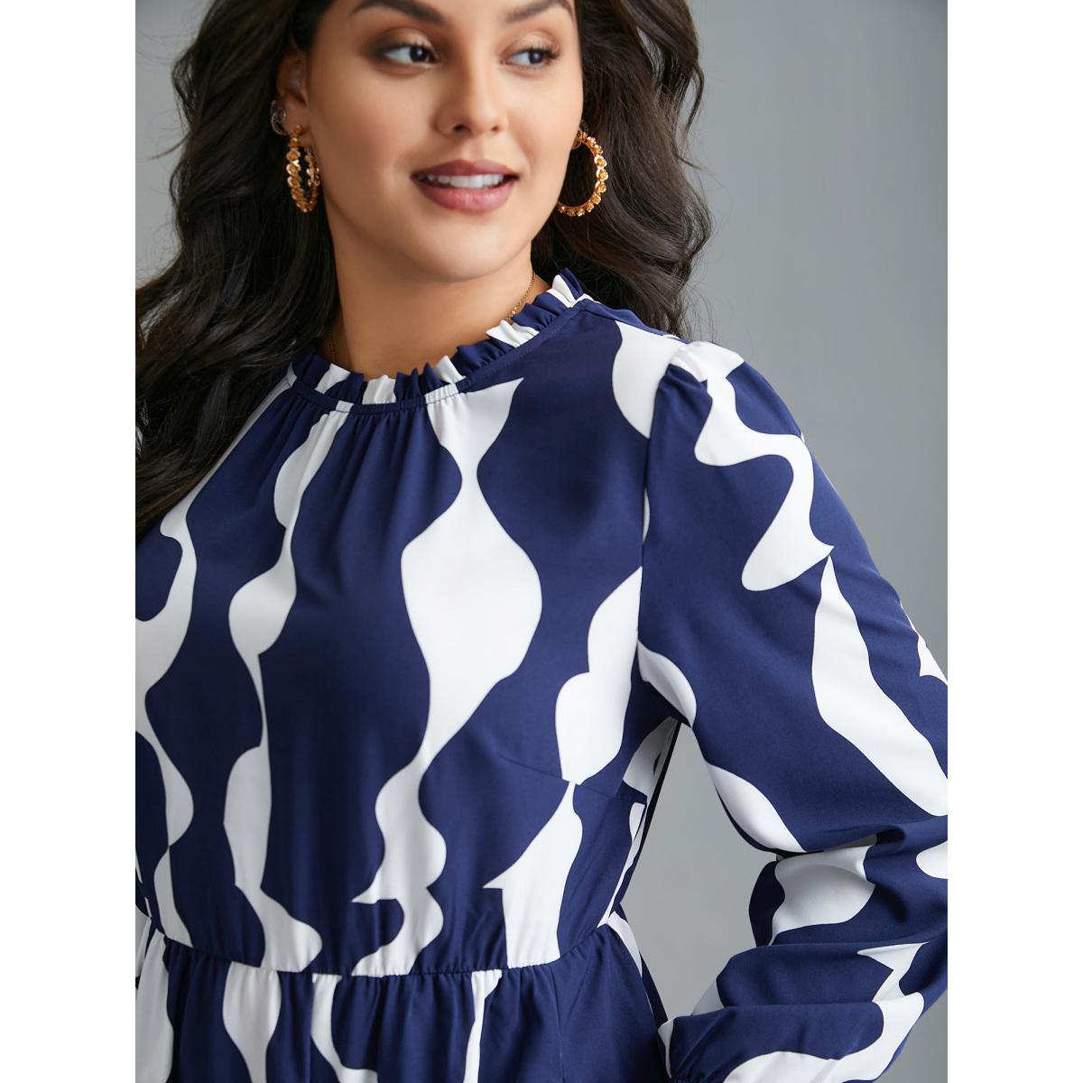 Plus Size Round Neck Color Contrast Frill Trim Dress Navy Women Elegant Frill Trim Round Neck Long Sleeve Curvy BloomChic 18-20/2X Product Image