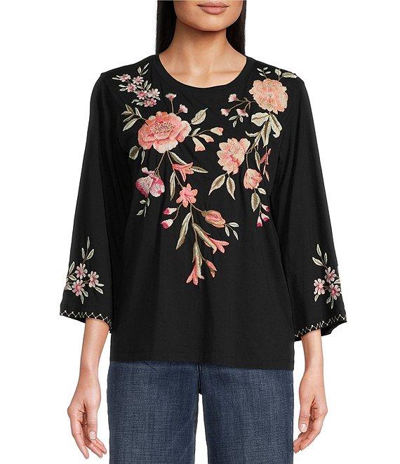 JOHNNY WAS Vienna Floral Embroidery Motif Long Kimono Sleeve Tee Product Image