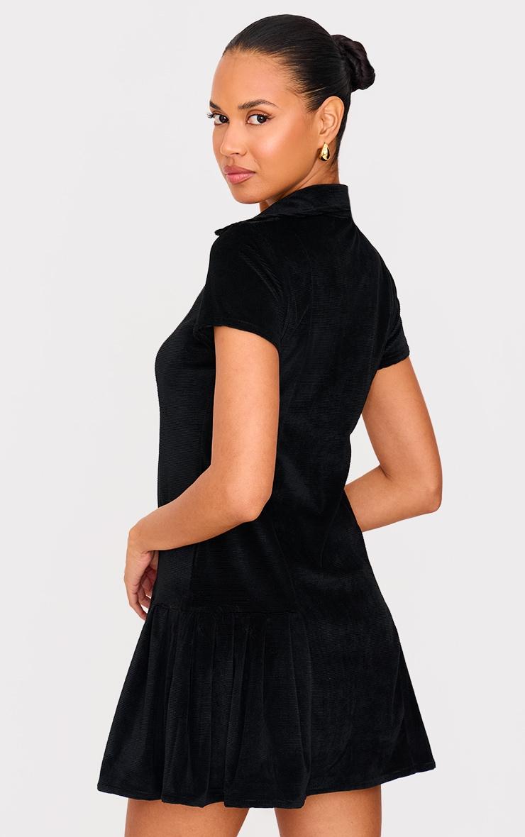 Black Cord Button Down Cap Sleeve Pleated Hem Shift Dress Product Image