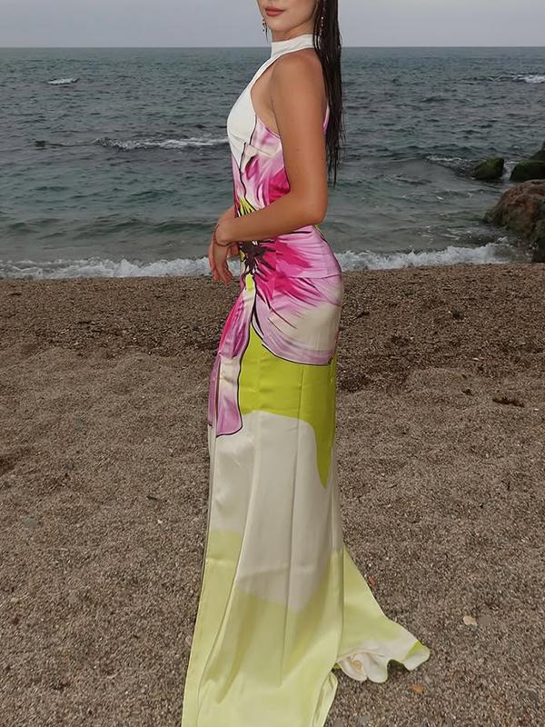 Bodycon Flowing Hemline Sleeveless Flower Print Split-Side Halter-Neck Maxi Dresses Product Image