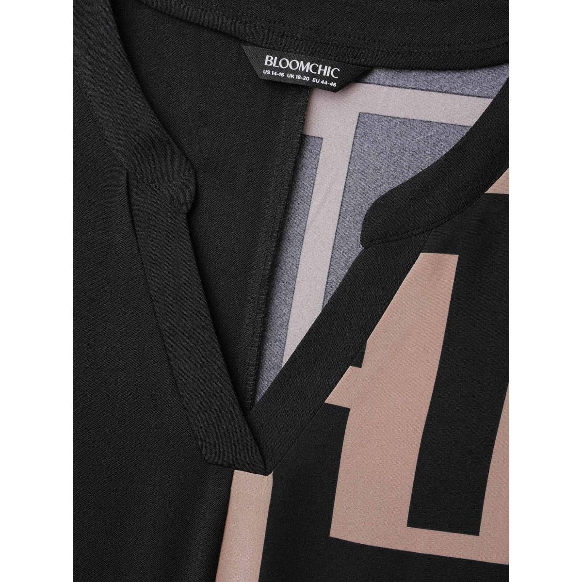 Plus Size Black Notched Geometric Colorblock Contrast Blouse Women At the Office Long Sleeve Notched collar Office Blouses BloomChic 12/L Product Image