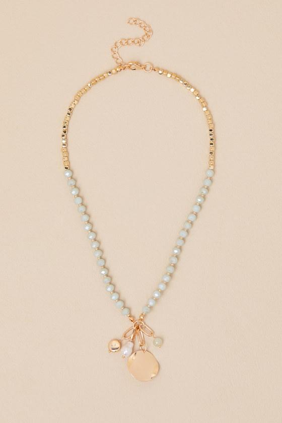 Ayanda Mint and Gold Beaded Charm Necklace Product Image