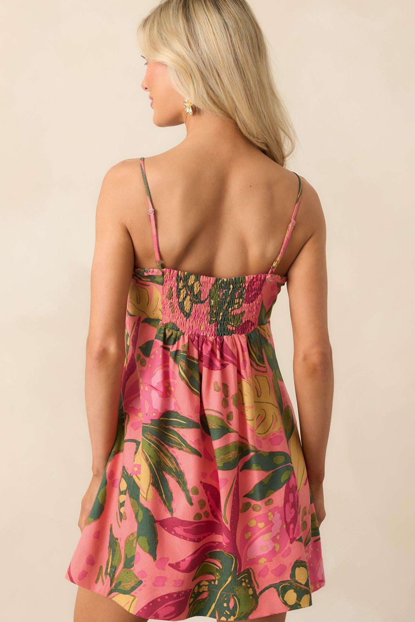 Escaping It All Pink Tropical Print Linen Mini Dress Product Image