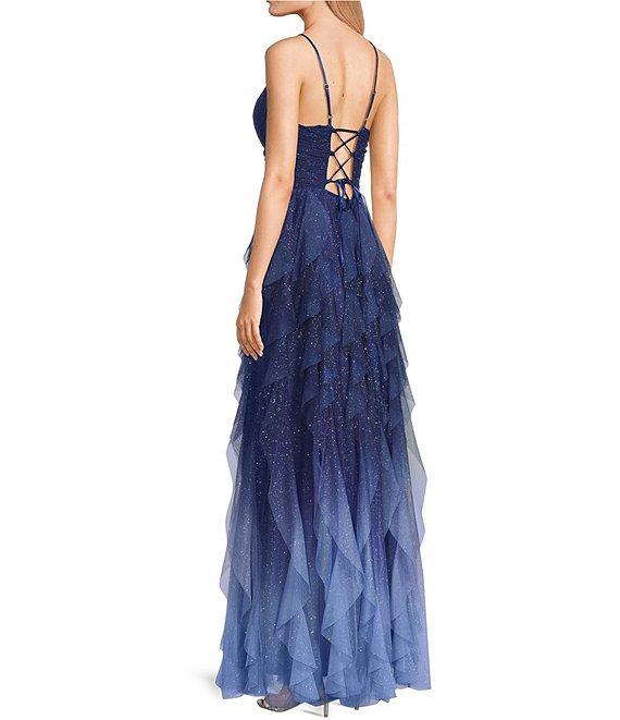 Pear Culture Glitter Ombre Corkscrew Tulle Long Dress Product Image