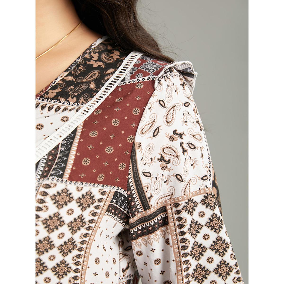 Plus Size Scarlet Moroccan Print Lace Panel Ruffles Frill Trim Blouse Women Vacation Elbow-length sleeve V-neck Vacation Blouses BloomChic 12/L Product Image