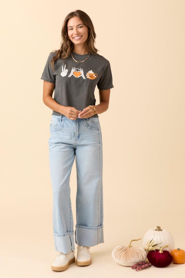 Peace, Love, and Pumpkin Spice Latte Dark Grey Boxy Graphic Tee Product Image