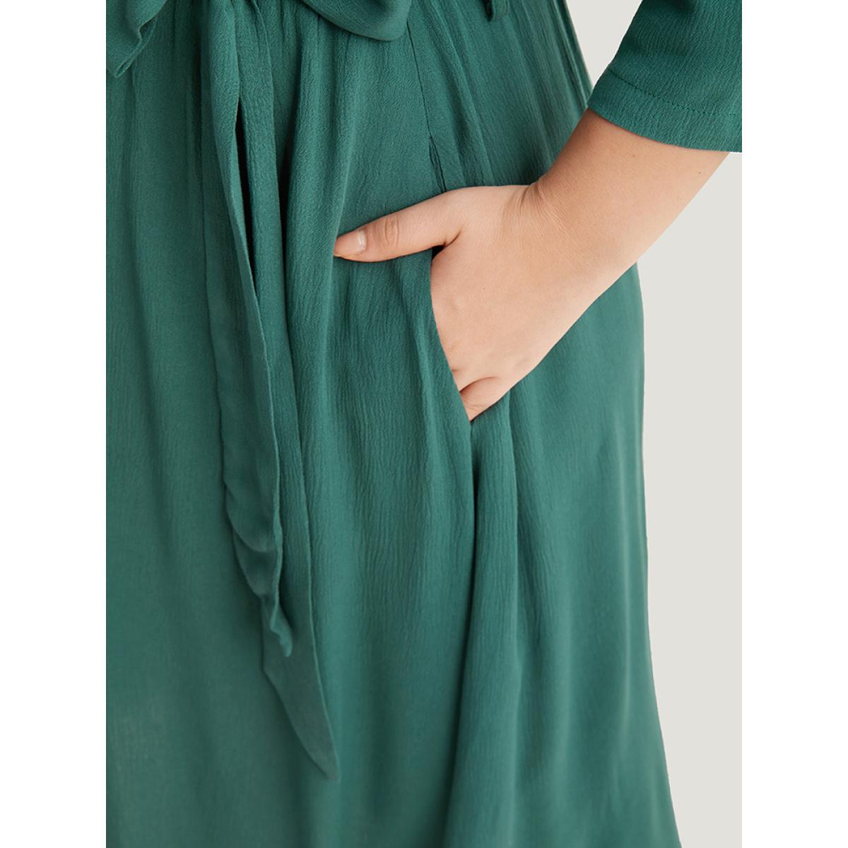 Plus Size Solid Button Detail Pocket Belted Notched Dress Emerald Women Office Plain Notched collar Elbow-length sleeve Curvy Midi Dress BloomChic 28/5X Product Image