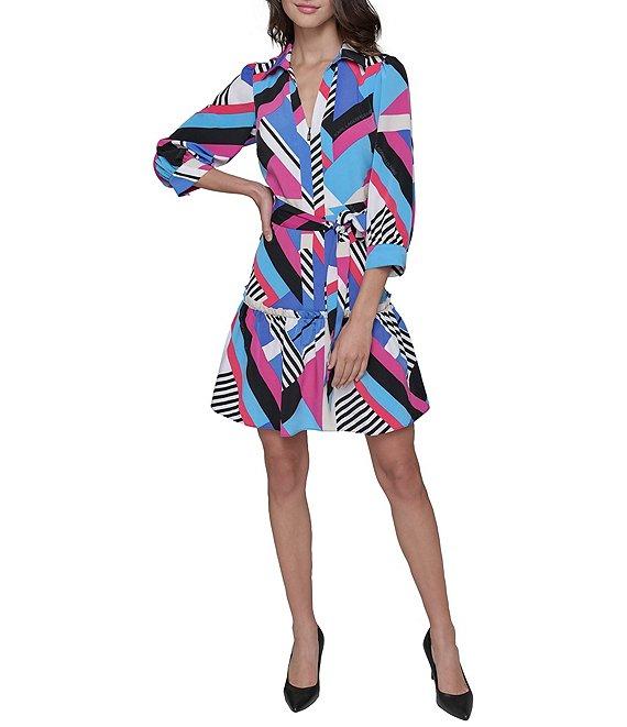 KARL LAGERFELD PARIS Silky Crepe Geometric Print Point Collar 3/4 Blouson Sleeve Belted A-Line Shirt Dress Product Image