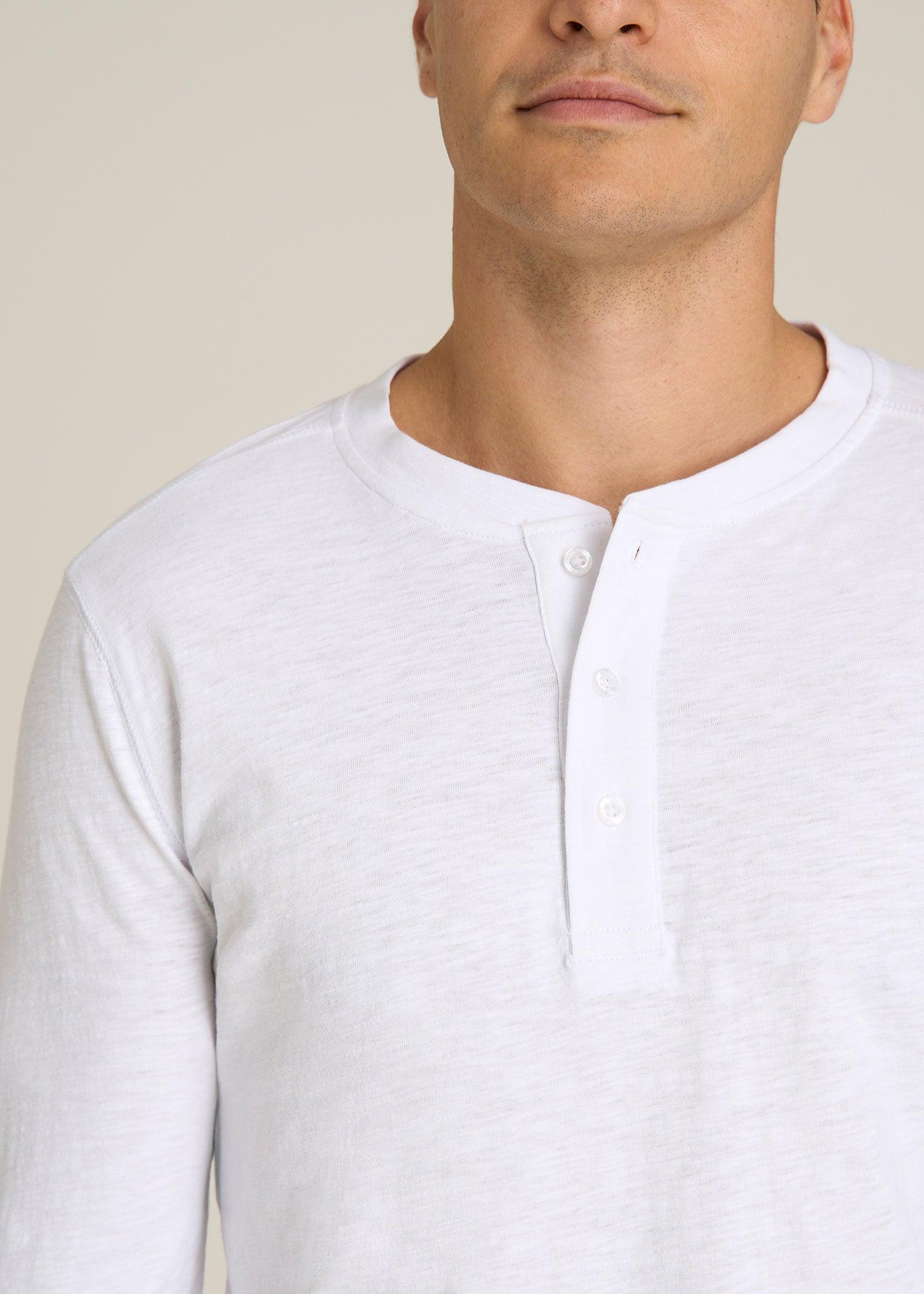 Three-Button Long Sleeve Slub Henley for Tall Men in White Male Product Image