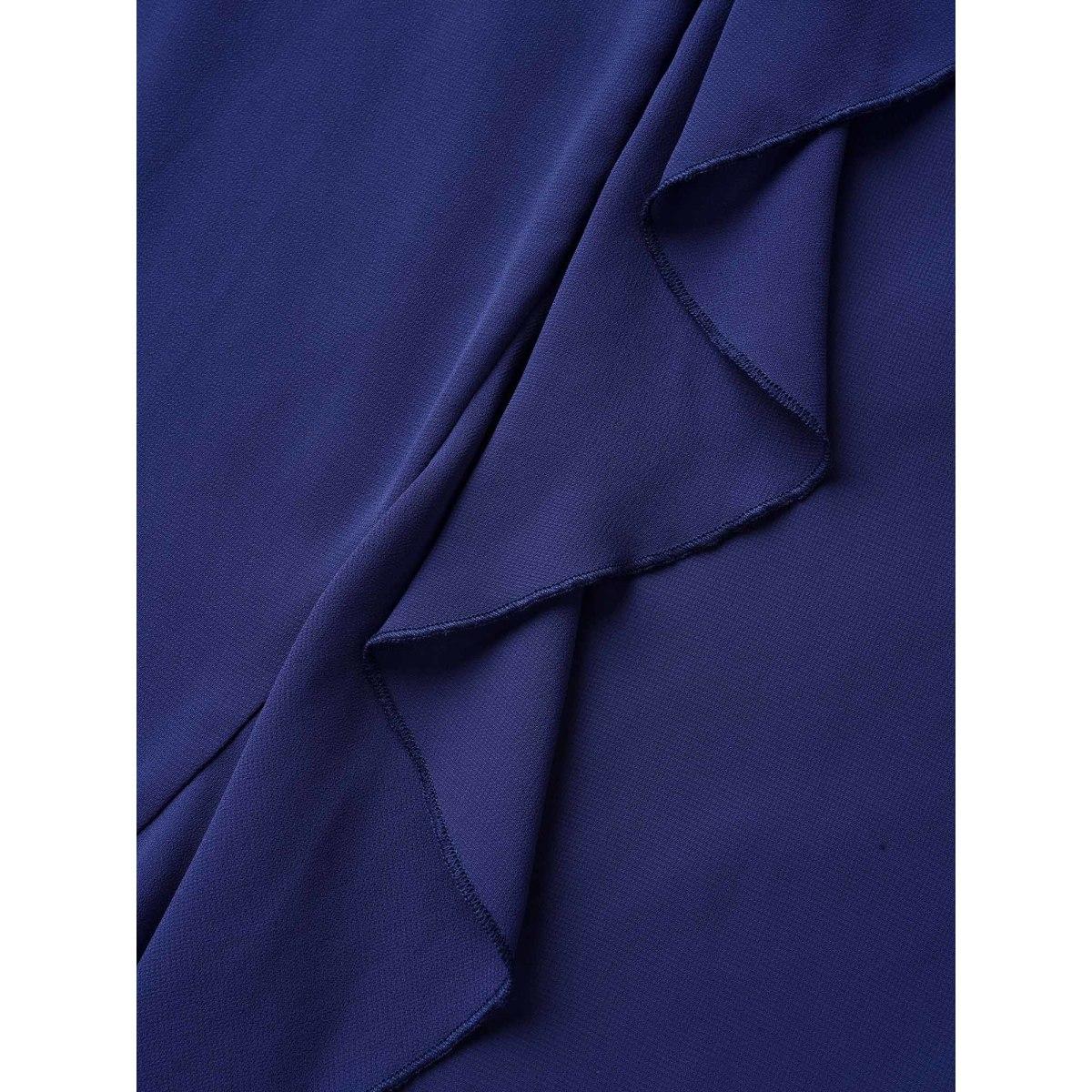 Plus Size Chiffon Overlap Collar Ruffle Sleeve Dress DarkBlue Women Formal See through Overlap Collar Short sleeve Curvy BloomChic 22-24/3X Product Image