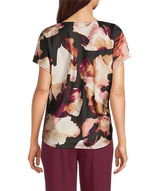 Anne Klein Drape Neck Short Sleeve Abstract Printed Satin Blouse Product Image