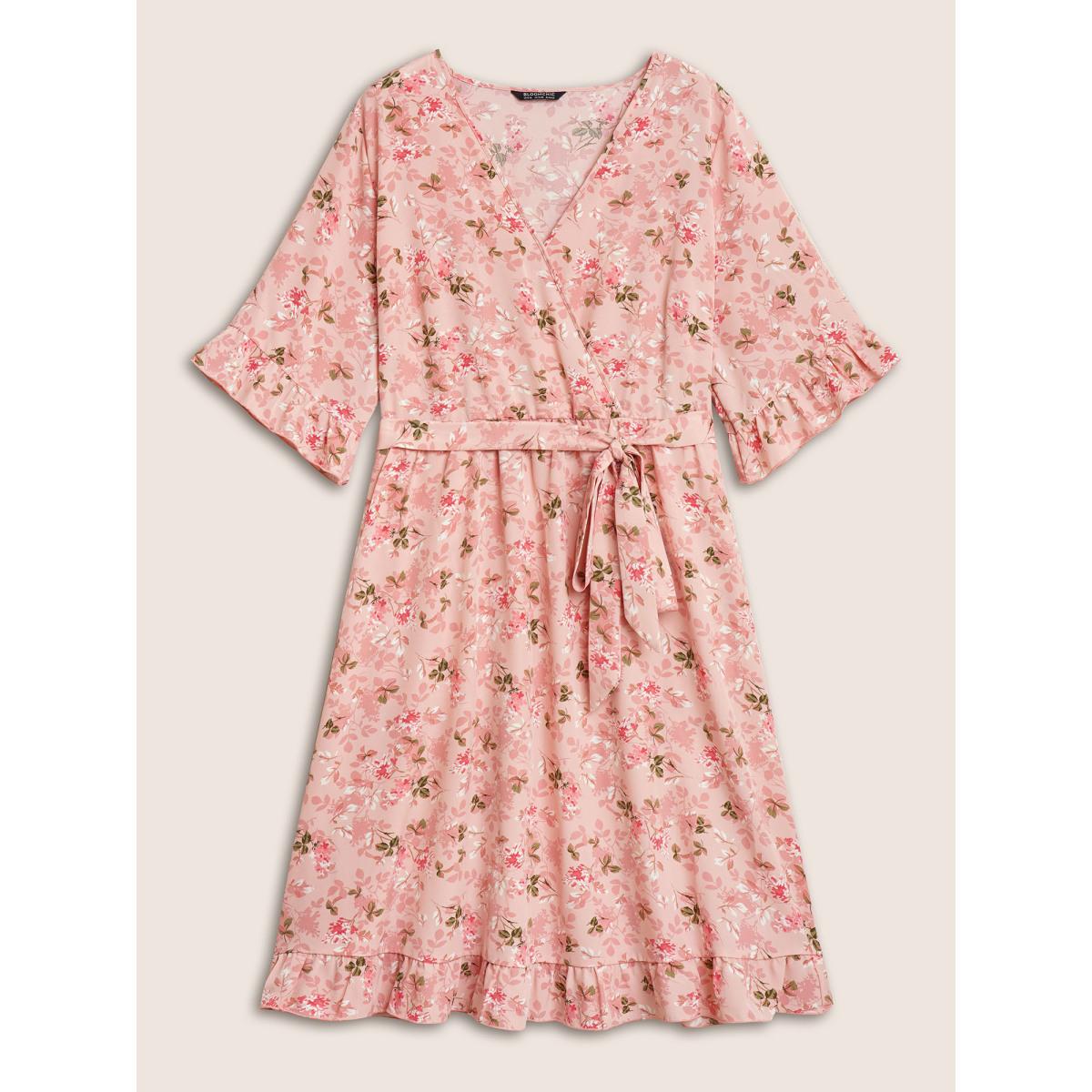 Plus Size Floral Overlap Collar Belted Ruffles Dress Lightpink Women Elegant Belted Overlap Collar Half Sleeve Curvy BloomChic 14-16/1X Product Image
