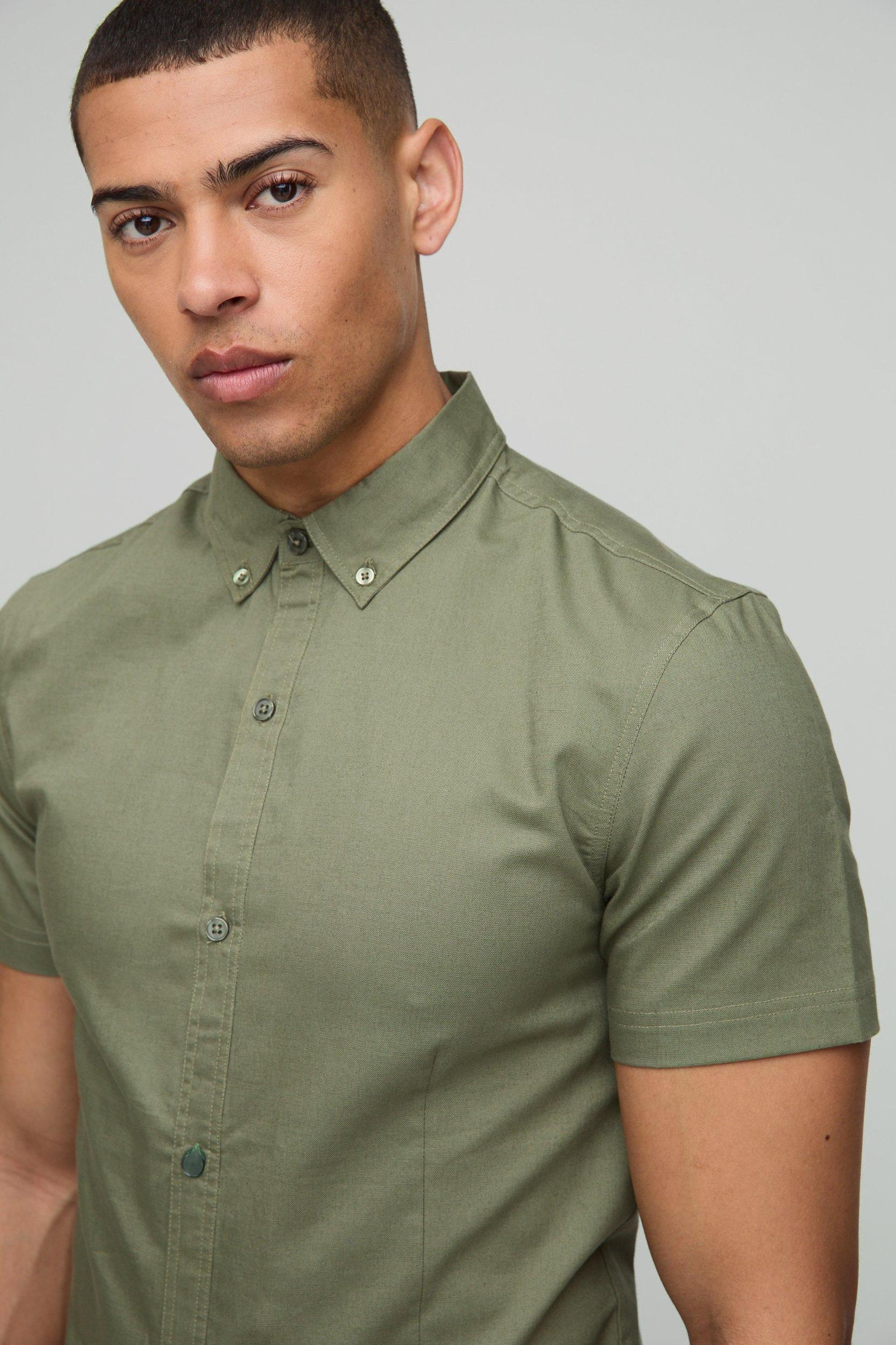 Slim Fit Button Down Collar Oxford Short Sleeve Shirt | boohooMAN USA Product Image