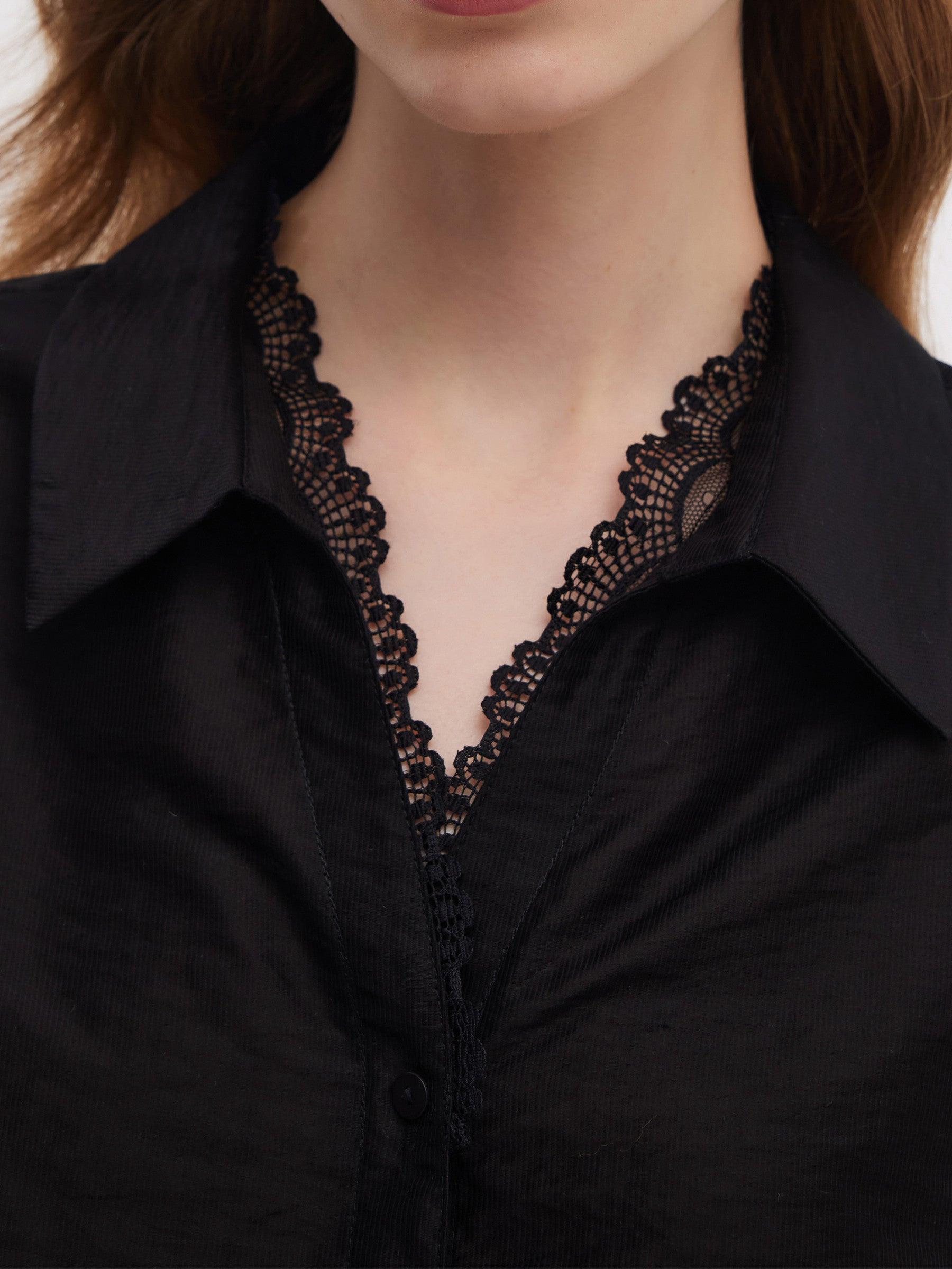 Tencel Blend Lace V-Neck Women Mock Layered Shirt Product Image