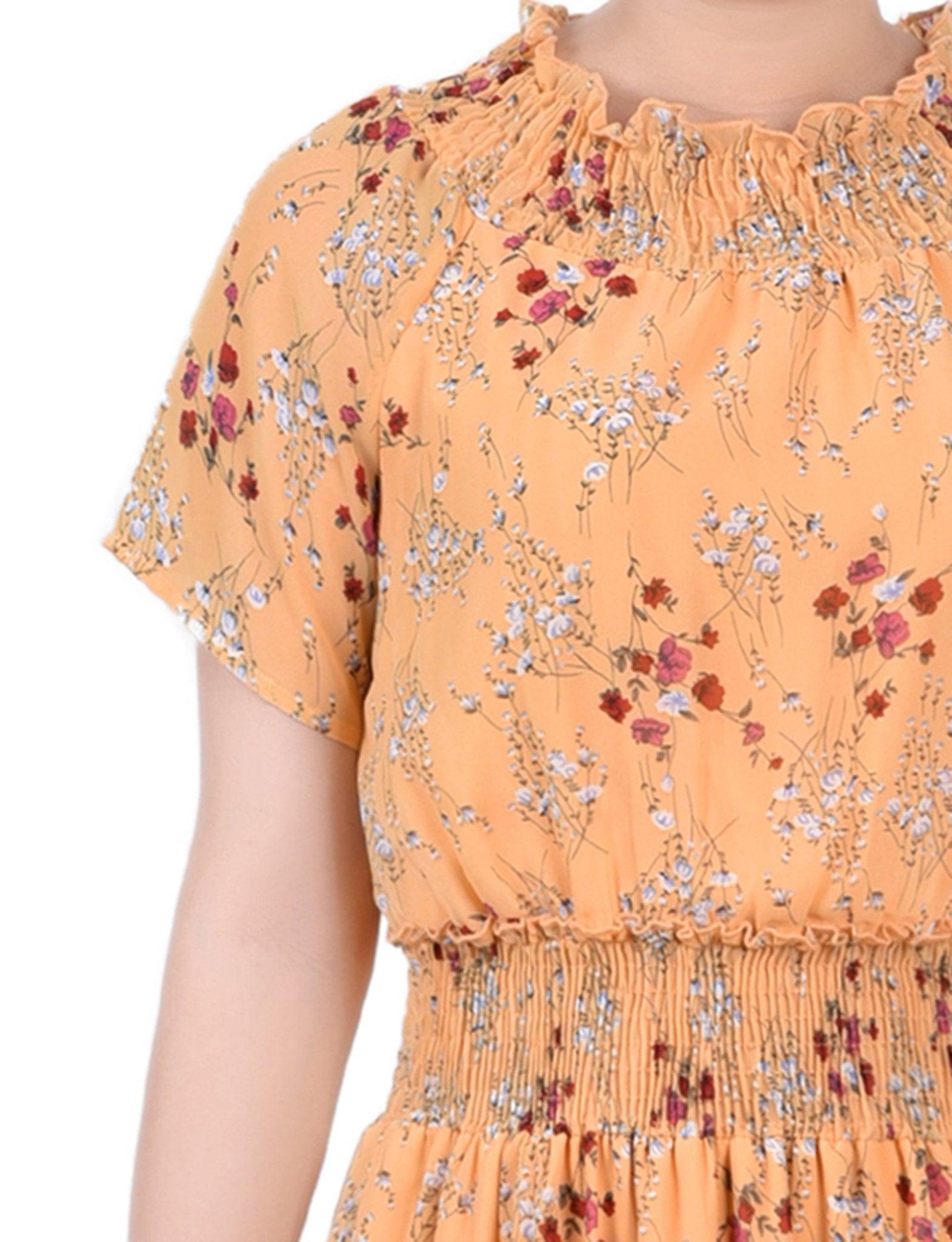 Gold Disty Floral Short Sleeve Smocked Waist Dress Product Image