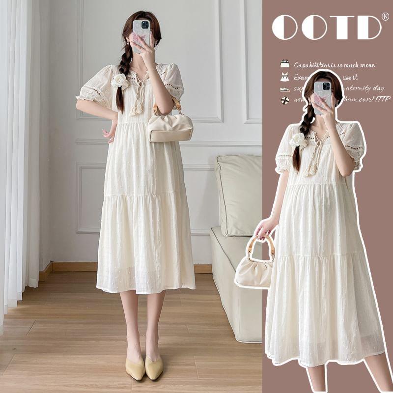 Maternity Short-Sleeve V-Neck Plain Midi A-Line Dress Product Image