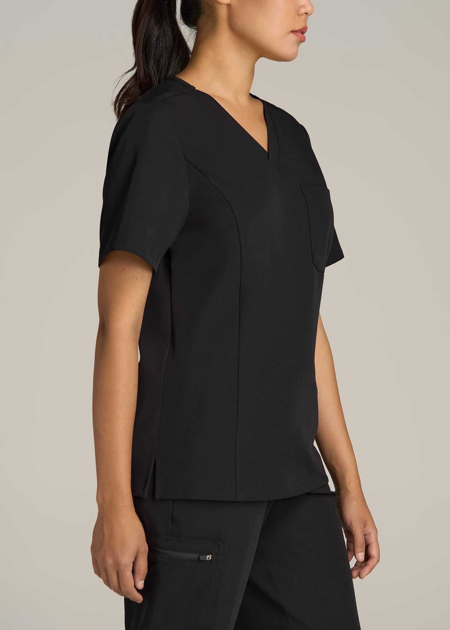 Short Sleeve V-Neck Scrub Top for Tall Women in Black Female Product Image