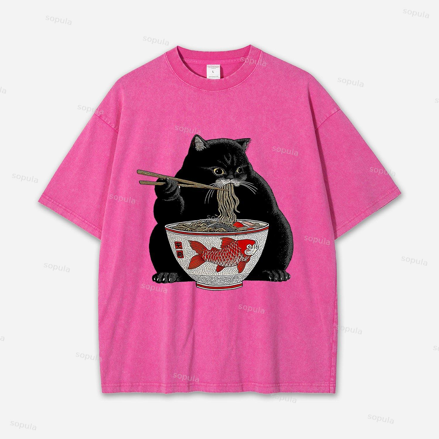 Fat Cat Eating Ramen Acid Washed T-shirt Product Image