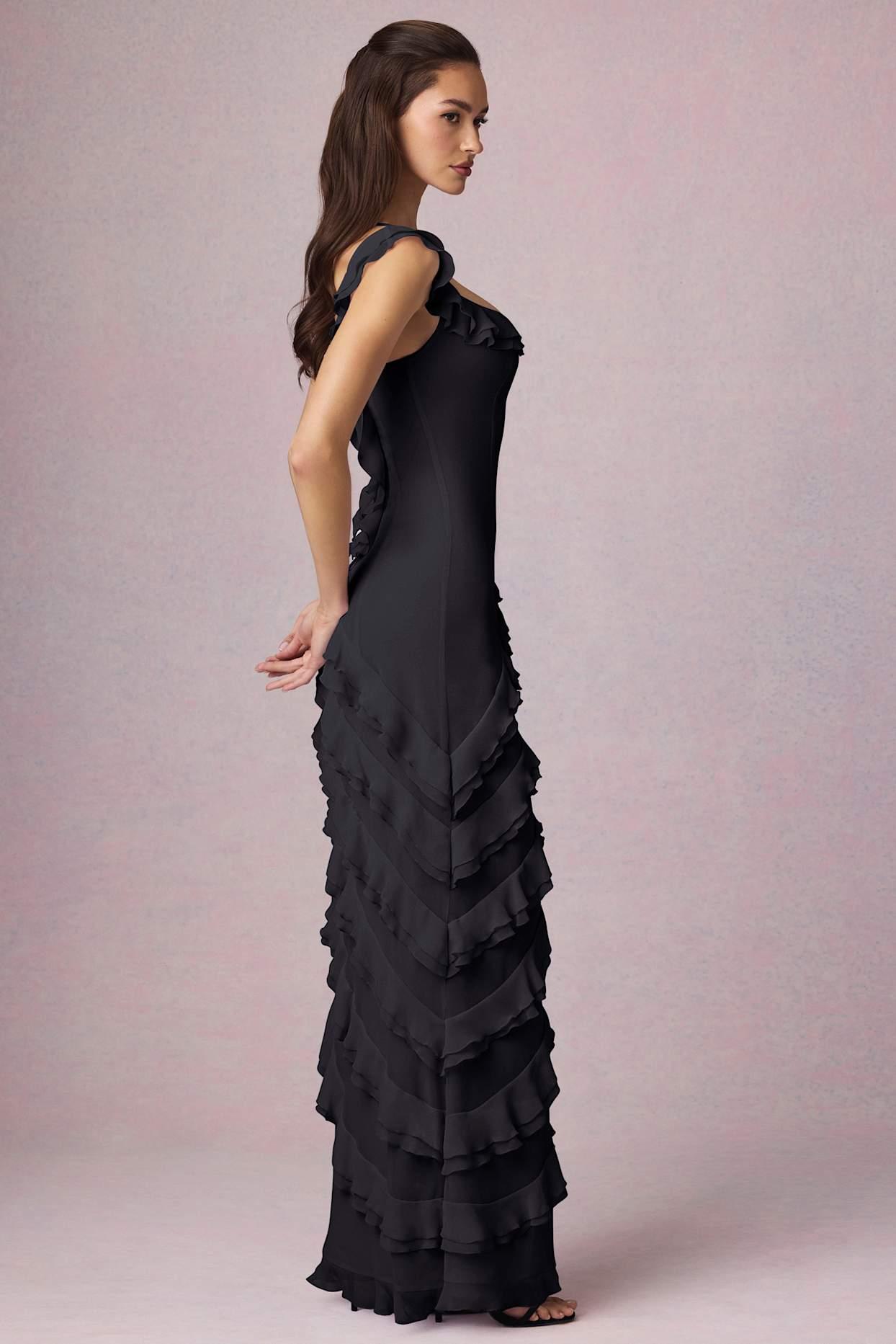Asymmetric Ruffled Lace-Up Gown in Black Product Image