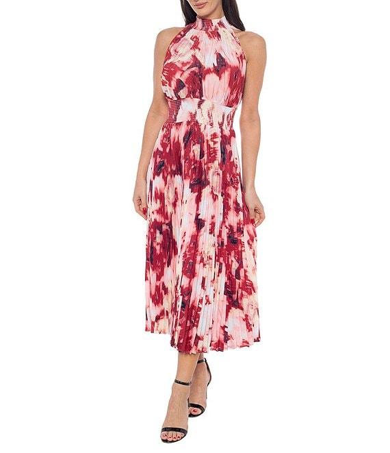 Marina Tie Dye Pleated Mock Neck Sleeveless A-Line Midi Dress Product Image