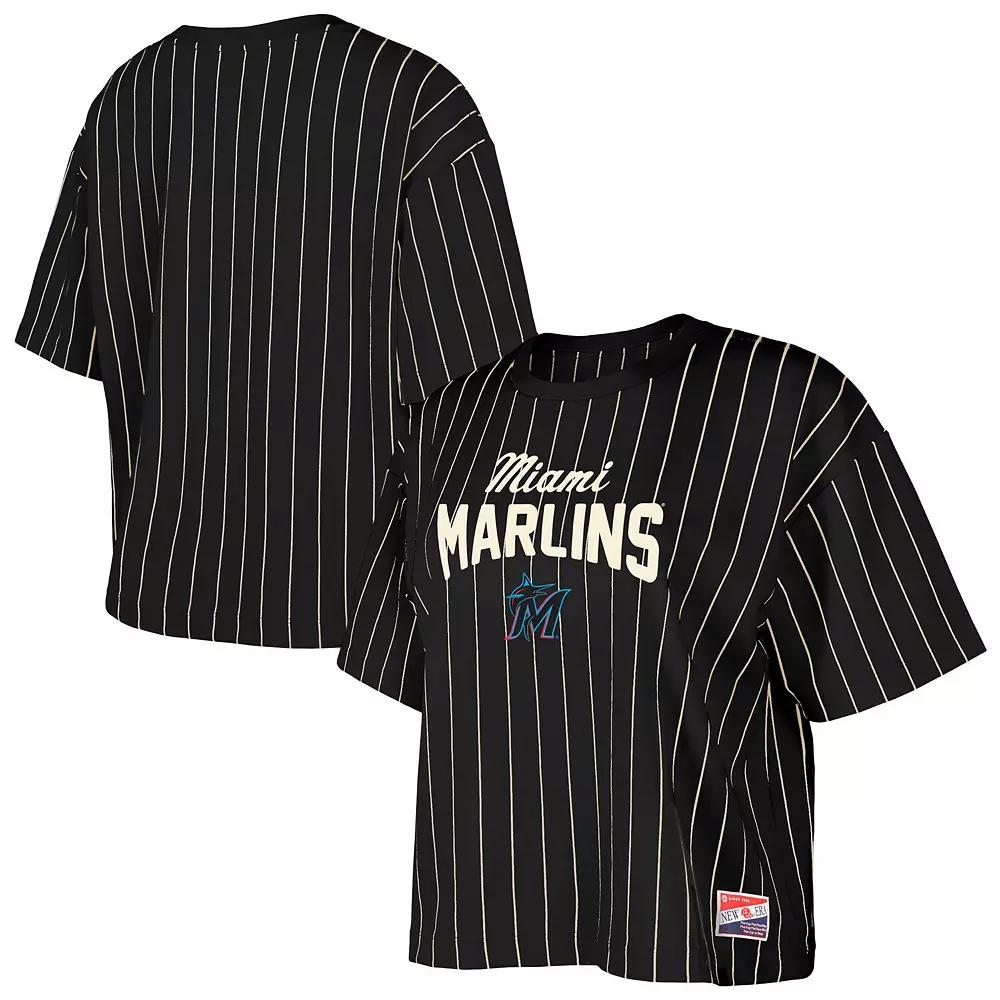 Women's New Era Black Miami Marlins Cooperstown Collection Multiplier Pinstripe Cropped T-Shirt, Size: XL Product Image
