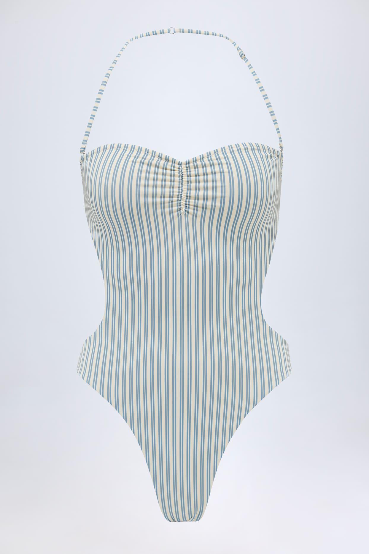 Cut-Out Halterneck Swimsuit in Teal Double Stripe Product Image