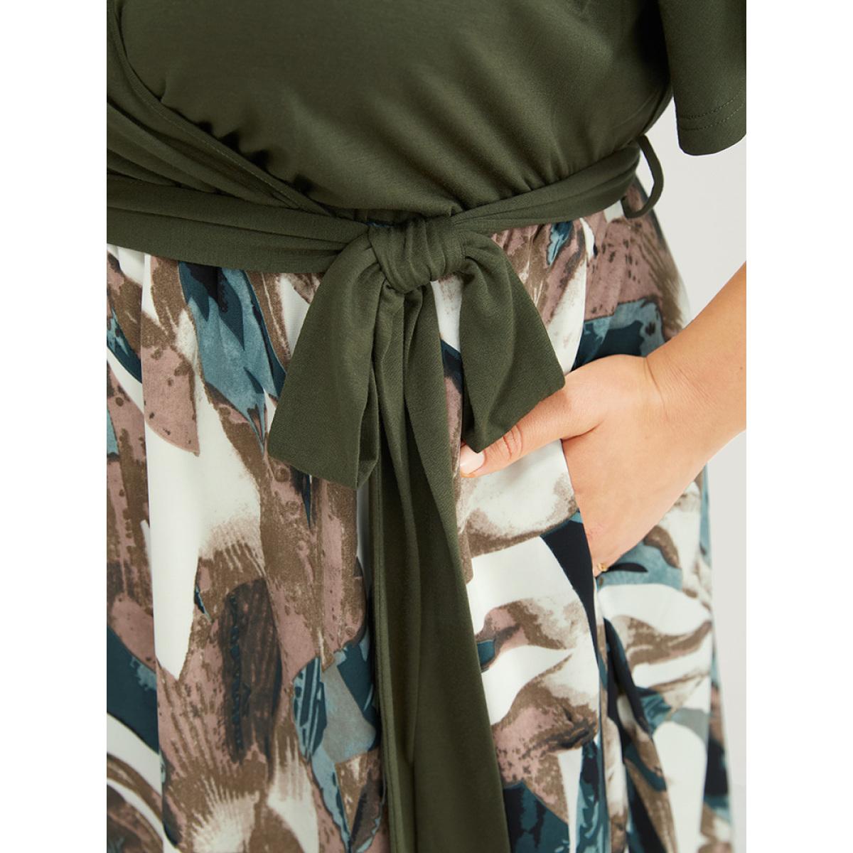 Plus Size Graphic Print Pocket Ruffle Surplice Neck Belt Dress Moss Women Office Lined V-neck Short sleeve Curvy Midi Dress BloomChic 10/M Product Image