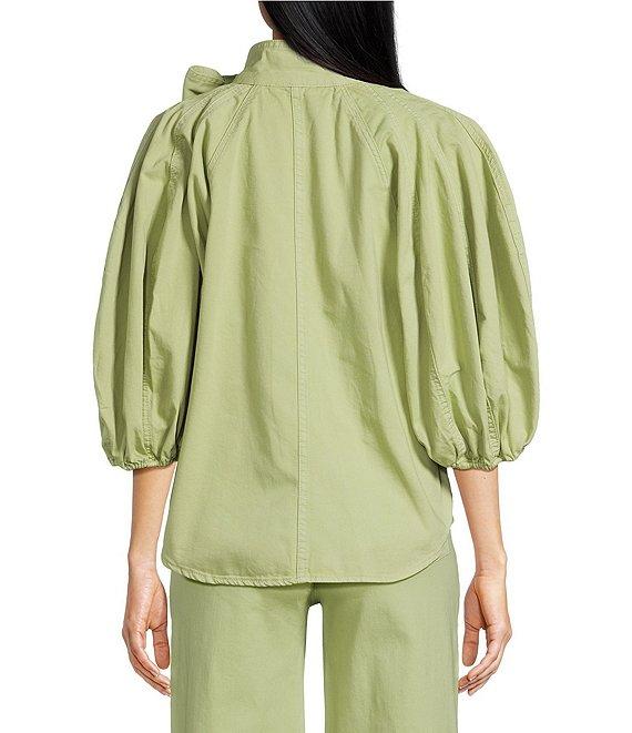 A Loves A Tinted Denim Mock Bow Tie Neck 3/4#double; Puffed Balloon Sleeve Pleated Button Shoulder Tulip Hem Top Product Image