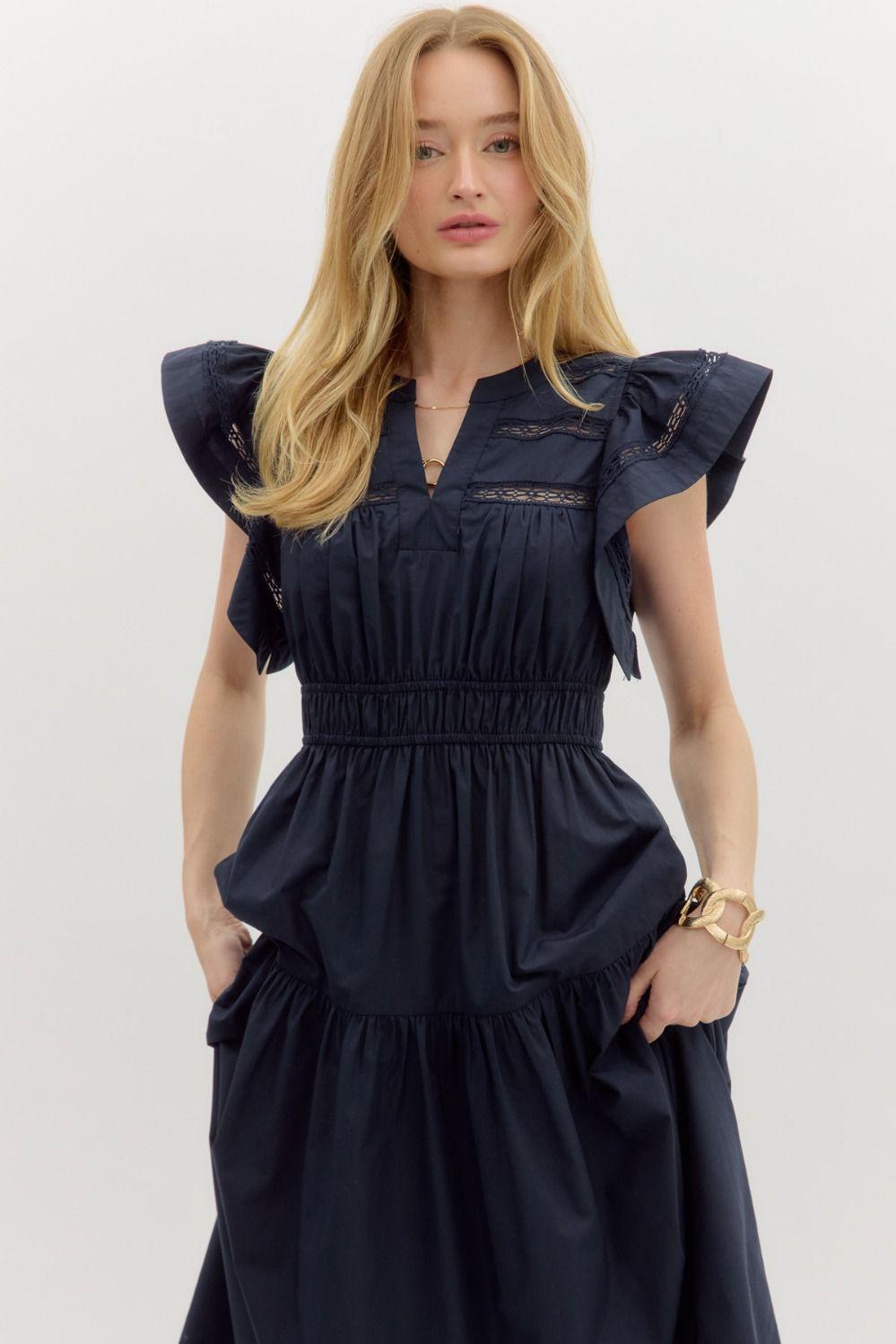 Navy Flutter Sleeve Dress Product Image