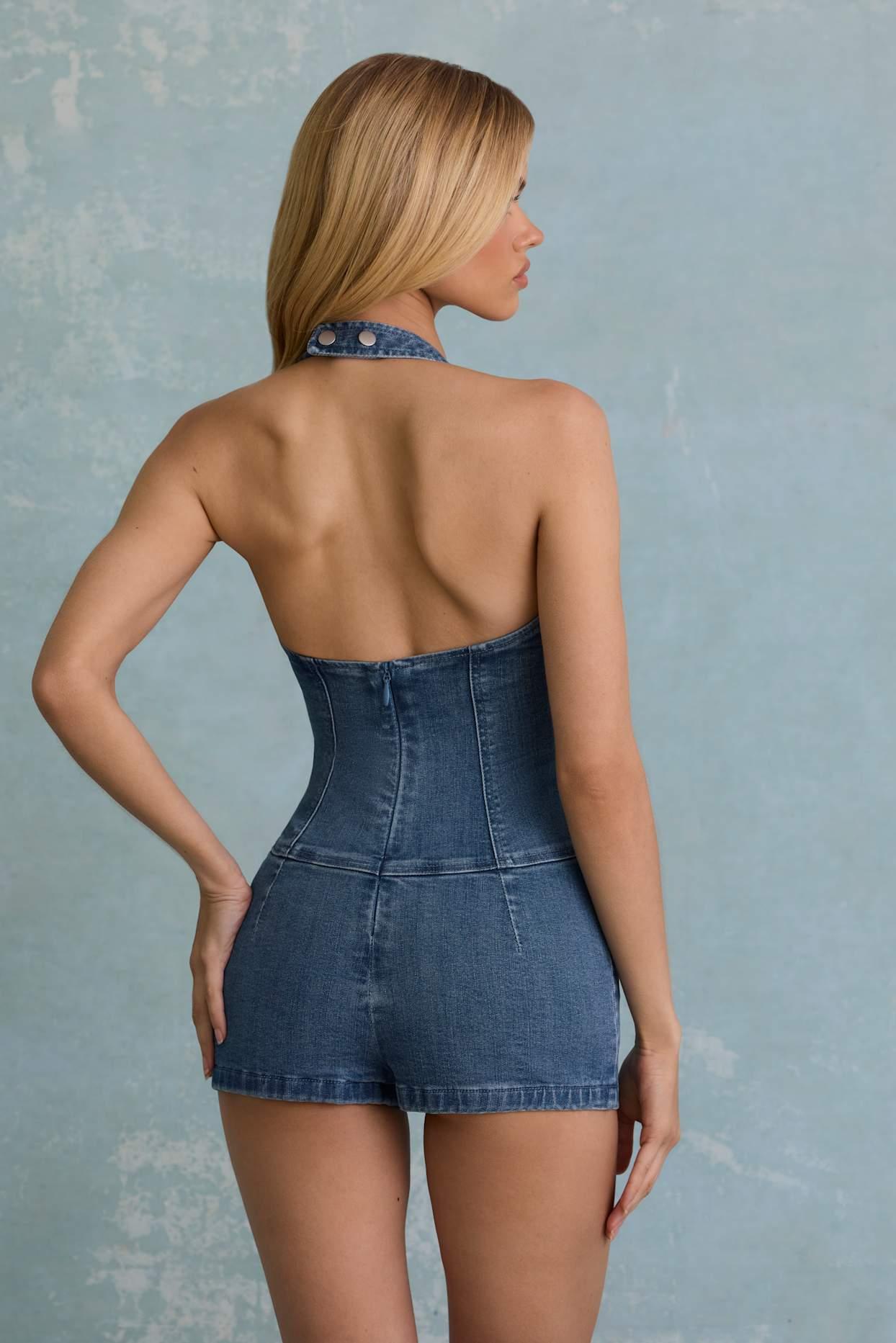 Button-Down Halterneck Playsuit in Mid-Blue Product Image