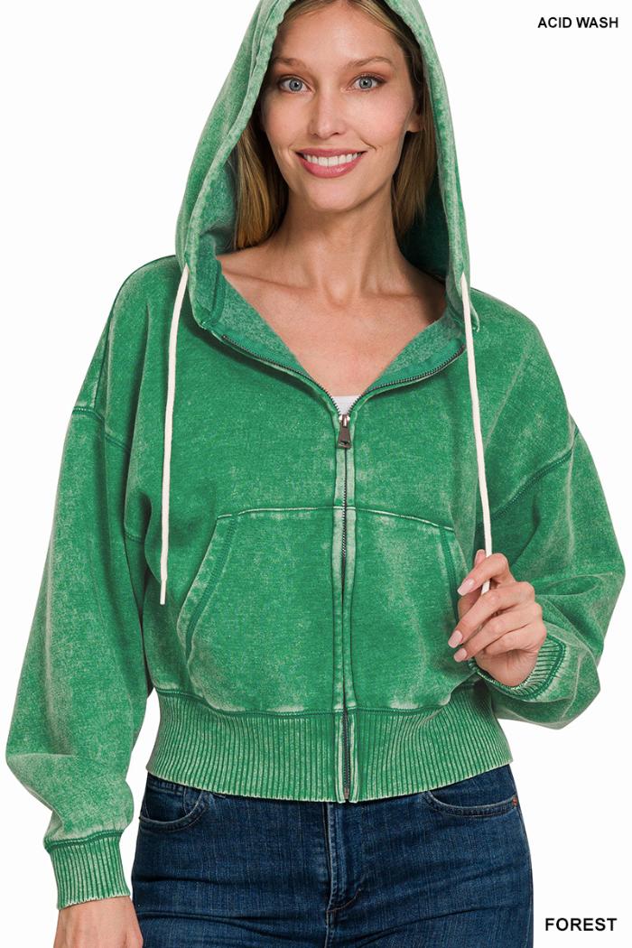 Acid wash fleece cropped zip-up hoodie w pockets Product Image