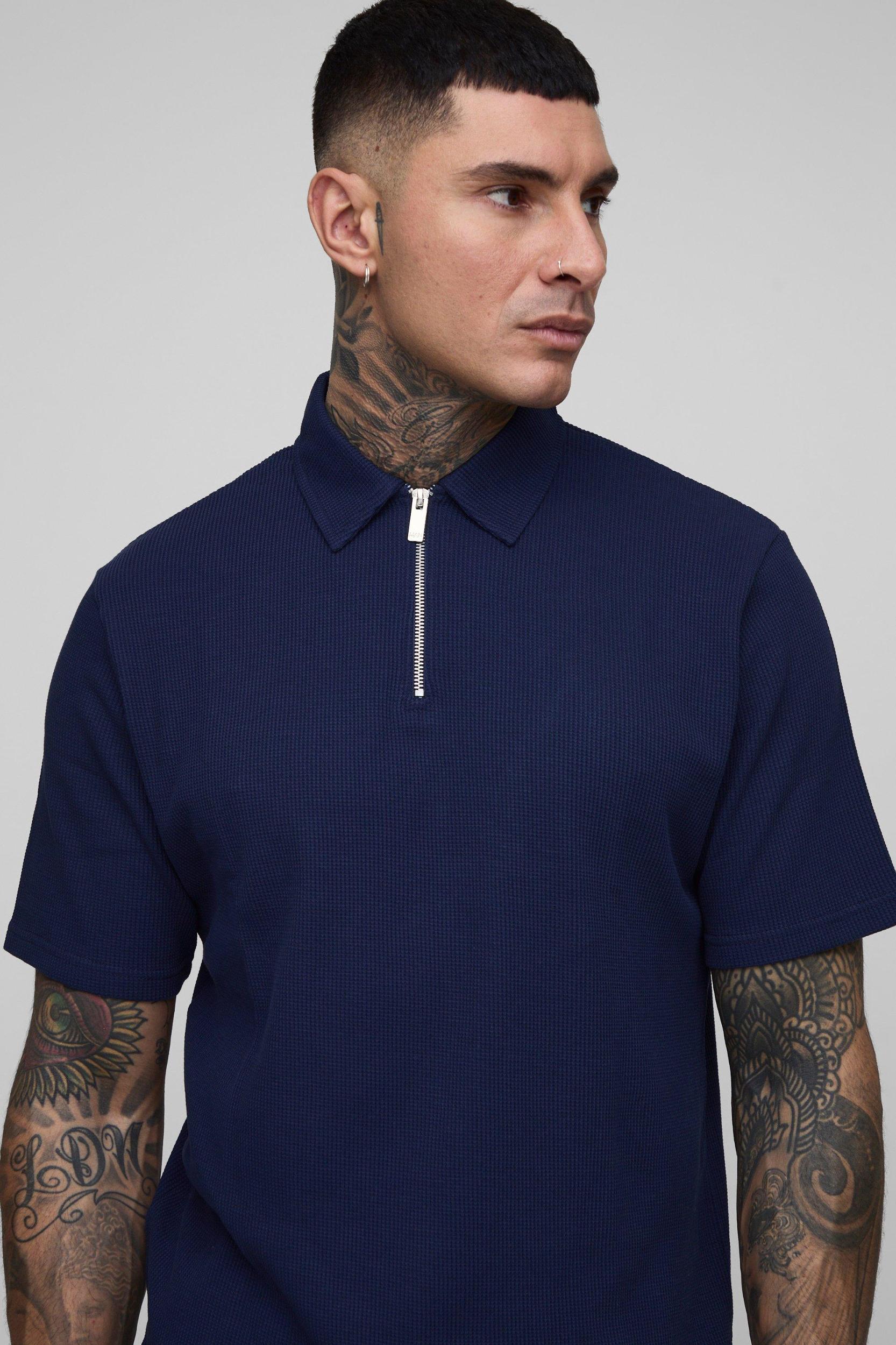 Tall Regular Fit Waffle Polo & Short Set | boohooMAN USA Product Image