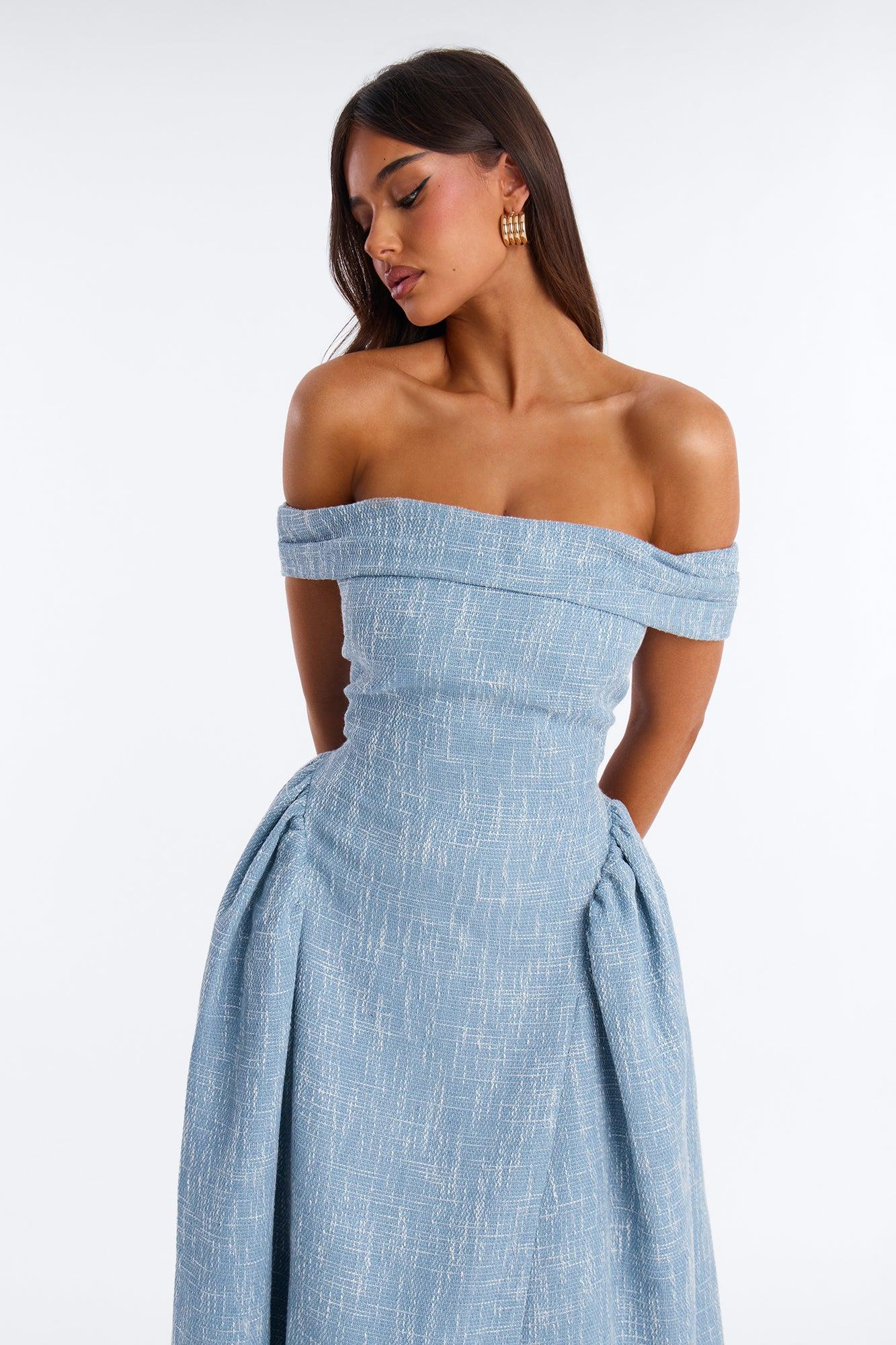 Paisley Off Shoulder Tweed Midi Dress - Denim Female Product Image