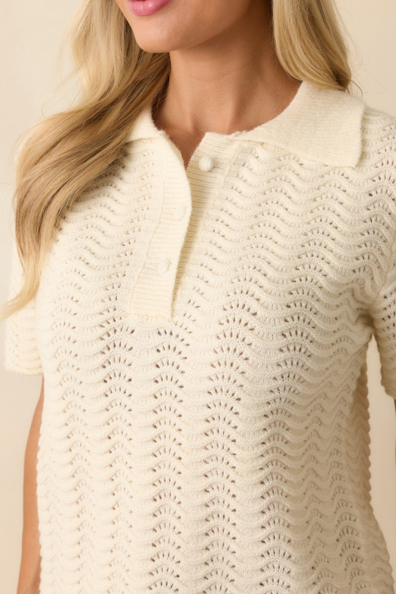 Left It At That Ivory Scalloped Pointelle Knit Short Sleeve Sweater Product Image