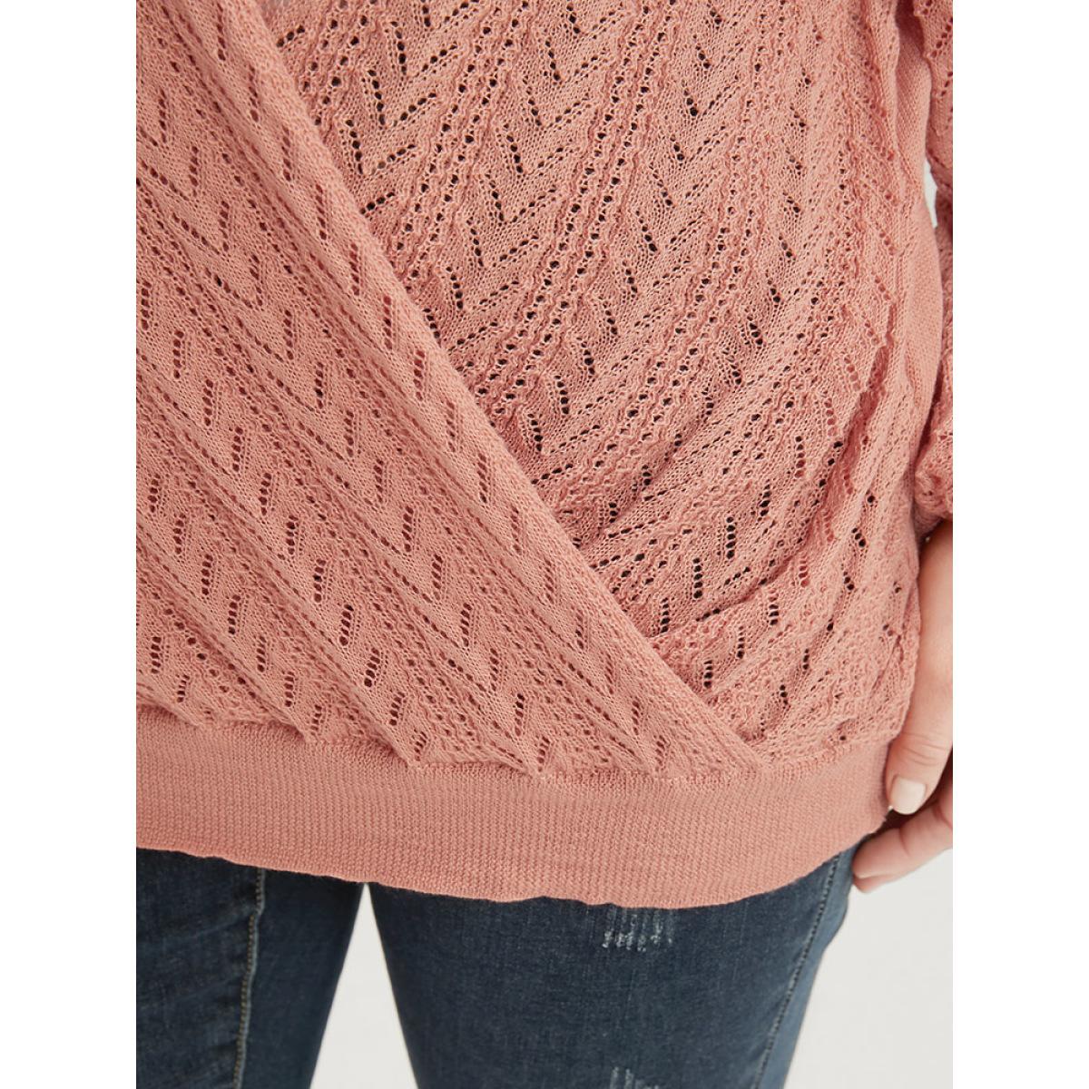 Plus Size Plain Super Soft Knit Lantern Sleeve Wrap Knit Top Chocolate Women Casual Loose Long Sleeve Deep V-neck Dailywear Pullovers BloomChic 18-20/2X Product Image